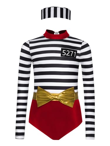 iiniim Mädchen Gefangener Kostüm Gefängnis Häftling Bodysuit mit Mütze Streifen Body Overall Insasse Outfit Halloween Karneval Fasching Burgundy 158-164 von iiniim