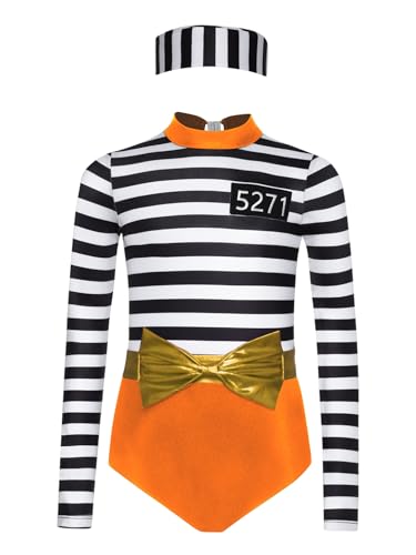 iiniim Mädchen Gefangener Kostüm Gefängnis Häftling Bodysuit mit Mütze Streifen Body Overall Insasse Outfit Halloween Karneval Fasching Orange 146-152 von iiniim