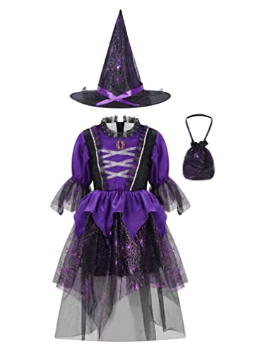 iiniim Mädchen Hexen Kostüm Halloween Kostüm Hexe Kleid Zauberer Kostüm mit Hexenhut Cosplay Karneval Party Outfits Gr.98-176 B Lila mit Bonbontüte 92-98 von iiniim