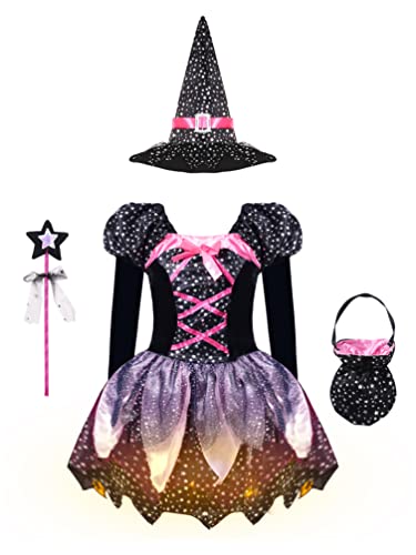 iiniim Mädchen Hexen Kostüm Kleid Zauberer Kostüm komplett mit Hexenhut Zauberstab Hexenkessel Cosplay Karneval Party Outfits Gr.98-176 Aa Rosa mit Lichtern 122-128 von iiniim