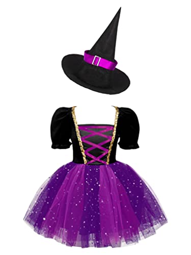 iiniim Mädchen Hexen Kostüm Kleid Zauberer Kostüm komplett mit Hexenhut Zauberstab Hexenkessel Cosplay Karneval Party Outfits Gr.98-176 Ba Lila&Rosenrot 110-116 von iiniim