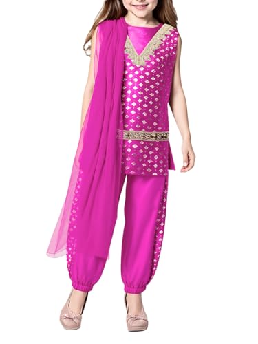 iiniim Mädchen Indische Ethnische Kleidung Blumendruck Tank Tops + Pumphose + Schal Arabische Prinzessin Outfits Bauchtanz Tanzkostüm Dunkel Rosa 122-128 von iiniim