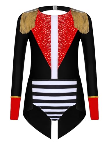 iiniim Mädchen Zirkus Kostüm Zirkusdirektor Uniform Glitzer Body Overall Ringmaster Tanzbody Halloween Weihnachten Karneval Party Outfits Schwarz 158-164 von iiniim