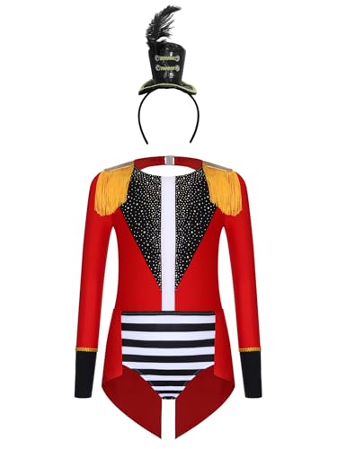 iiniim Mädchen Zirkus Kostüm Zirkusdirektor Uniform Langarm Body Overall mit Haarreif Tanzbody Halloween Karneval Fasching Party Outfits Rot Schwarz 146-152 von iiniim