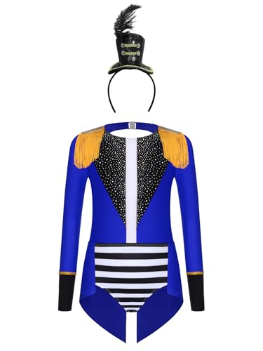 iiniim Mädchen Zirkus Kostüm Zirkusdirektor Uniform Langarm Body Overall mit Haarreif Tanzbody Halloween Karneval Fasching Party Outfits Royal Blau Schwarz 158-164 von iiniim