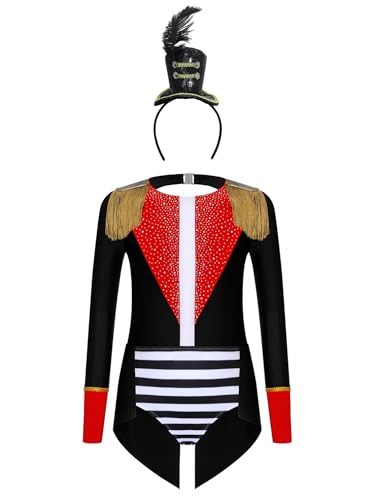 iiniim Mädchen Zirkus Kostüm Zirkusdirektor Uniform Langarm Body Overall mit Haarreif Tanzbody Halloween Karneval Fasching Party Outfits Schwarz 134-140 von iiniim