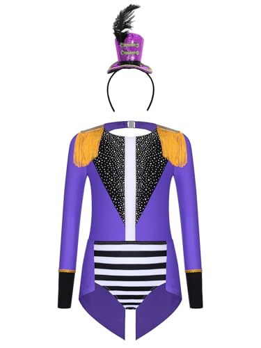 iiniim Mädchen Zirkus Kostüm Zirkusdirektor Uniform Langarm Body Overall mit Haarreif Tanzbody Halloween Karneval Fasching Party Outfits Violett 146-152 von iiniim