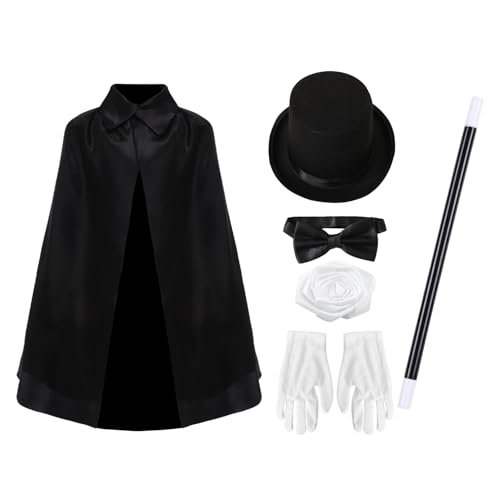 iiniim Magier Set mit Umhang Hut Fliege Handschuhe Zauberstab Peitsche für Zaubershow Fancy Dress Typ D One Size von iiniim