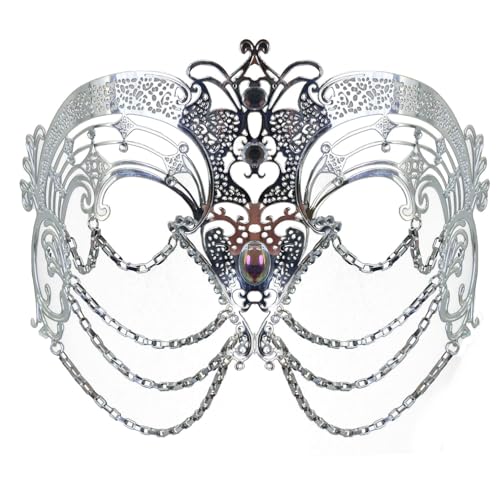 iiniim Maskenballmaske für Frauen Filigrane Metallkette Ausgehöhlte venezianische Maske Hübsche Halloween-Kostümmaske Silber Einheitsgröße von iiniim