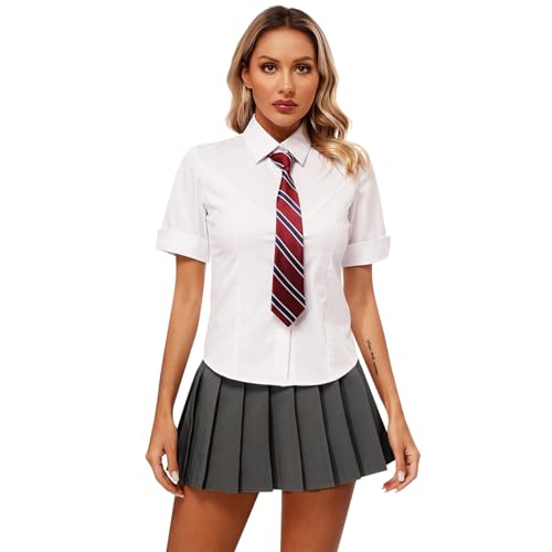 iixpin Schulmädchen Kostüm Uniform Kurzarm Bluse Oberteil Mini Faltenrock mit Krawatte Damen Schuluniform Cosplay Outfit Weiß & Grau C L von iixpin