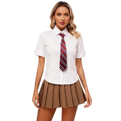iixpin Schulmädchen Kostüm Uniform Kurzarm Bluse Oberteil Mini Faltenrock mit Krawatte Damen Schuluniform Cosplay Outfit Weiß & Khaki C M von iixpin