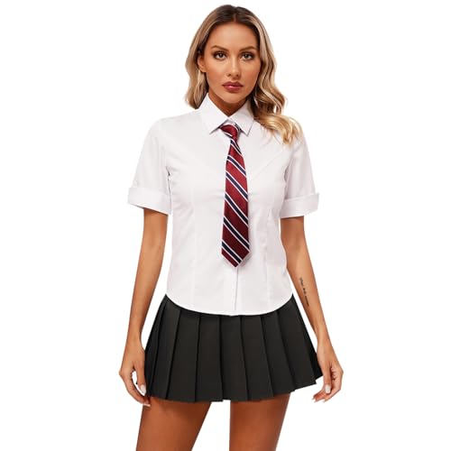 iixpin Schulmädchen Kostüm Uniform Kurzarm Bluse Oberteil Mini Faltenrock mit Krawatte Damen Schuluniform Cosplay Outfit Weiß & Schwarz C M von iixpin