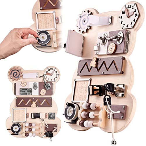 ikonka Sensory Manipulation Board Teddybär für Kinder Unterstützt die sensorische Entwicklung Verbessert die motorischen Fähigkeiten für Kleinkinder Lernspielzeug aus Holz von ikonka