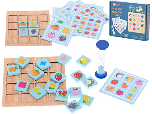 ikonka Memory Cards Holzpuzzle Brettspiel für Kinder 16 doppelseitige Holzklötze mit Früchten und Formen Plus 12 Karten mit Mustern und 1 Sanduhr von ikonka