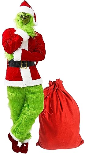 iksya Grinch Kostüm für Erwachsene – 8 PCS Grinch Weihnachtsmann Outfit Grünes Monster Halloween Weihnachtsanzug mit Maske und Weihnachtsmütze Cosplay Requisiten (Color : Green, Size : L-XL) von iksya