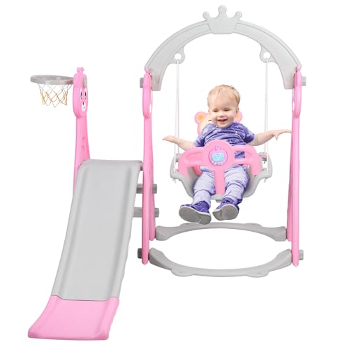 ilkqeppe Kids Slide Swing Set, freistehende Babyspielplatz, Bärenmini-Mini-Spielplatz mit Rutschleiter, Rutschen, Schwung, Basketball-Hoop-Set Rosa von ilkqeppe