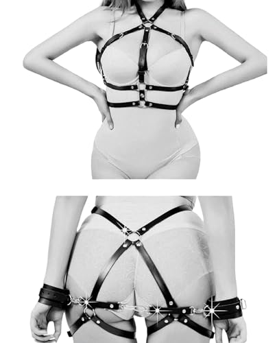 illuevagrun Leder Harness Set Fesselset Handschellen Brustgurte Taille Mode Cupless Lingerie für Frauen Einstellbar illuevagrun Leder Harness Set Fesselset Handschellen Brustgurte Taille Mode Cupless Lingerie für Frauen Einstellbar von illuevagrun
