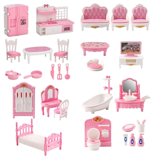 4 Sets Dollhouse Möbelset, realistische Plastikpuppenhausminiaturen umfassen Küchen, Schlafzimmer, Badezimmer und Wohnzimmer DIY -Kit, Puppenhauszubehör und Möbel für Kinderpuppenhaus von imFreienawn