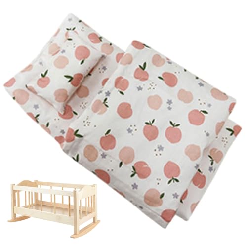 imFreienawn 3pcs Miniaturpuppenhauszubehör Set Pfirsichmuster Stoffpuppenbett Set umfasst Kissen, Matratze und Blatt DIY Dollhouse Accessoires für Liebhaber und Sammlerpuppenbett von imFreienawn