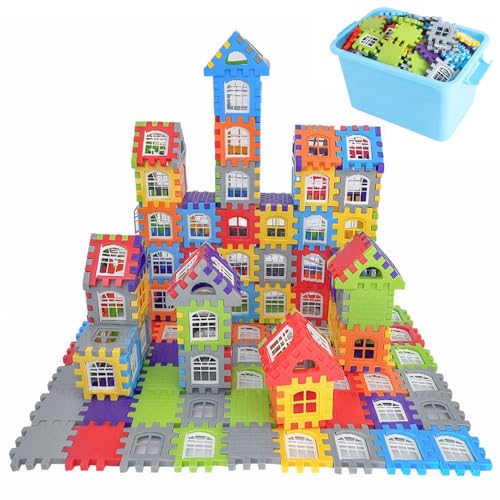 imFreienawn Waffelblöcke für Kinder 3+, 210pcs sichere Plastik -Verriegelungsbausteine, pädagogischer Regenbogen, lustige Wiederverwendbare Spielzeuggebäude -Sets mit Aufbewahrungsbagwaffel von imFreienawn