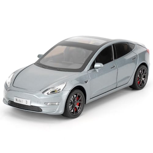 Tesla Model 3 Spielzeugauto, 1/24 Gusslegierung Modellauto, Spielzeugauto mit Sound- und Lichtfunktion und Pull Back Funktion, kann die Tür öffnen Design, Sammlermodell Auto, Geschenk für Kinder(grau) von imtfzct
