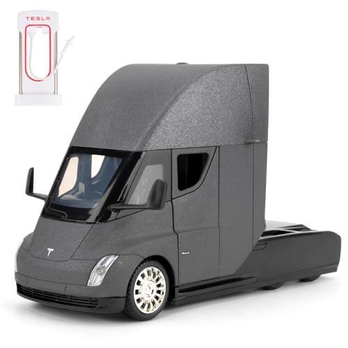 imtfzct 1:24 Tesla Semi Truck Head, Spielzeugauto aus Aluminiumdruckguss, Spielzeugmodellauto zum Sammeln, Geschenk für Kinder, Spielzeugauto mit Sound- und Lichtfunktion und Pull-Back-Funktion(Grau) von imtfzct