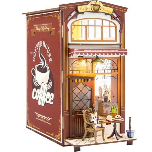 inaepeak DIY Book Nook Kit, 3D Puzzle Puppenhaus Holz Haus, Puppenhäuser Miniatur Haus Kit mit LED Licht, DIY Miniaturhaus Bausatz für Erwachsene, Bücherregal Deko Bastelset Geschenken (Café Haus) von inaepeak