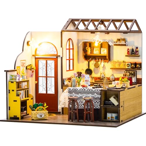 inaepeak DIY Miniatur Haus Selber Bauen, 3D Puzzle Puppenhaus Holz Haus, Puppenhäuser Haus Kit mit LED Licht, DIY Miniaturhaus Bausatz für Erwachsene, Bücherregal Deko Bastelset Geschenken (Kitchen) von inaepeak