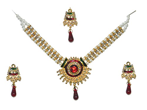 Bollywood Set Rani Sunflower weiße Perlen rote Steine und Glitzer indisches Schmuck-Set Bollywood Set Rani Sunflower weiße Perlen rote Steine und Glitzer indisches Schmuck-Set von indischerbasar.de