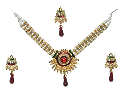 Bollywood Set Rani Sunflower weiße Perlen rote Steine und Glitzer indisches Schmuck-Set von indischerbasar.de