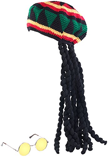 infactory Perücke: Jamaika-Mütze mit Dreadlocks & gelber Brille (Kostüm-Perücke, Perücke als Kostüm-Zubehör, Halloween) von infactory