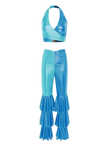 inhzoy 70er Jahre Damen Disco Kostüm Metallic Crop Top Top Gestufte Schlaghose Set Mottoparty Karneval Clubwear Blau S von inhzoy