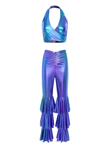 inhzoy 70er Jahre Damen Disco Kostüm Metallic Crop Top Top Gestufte Schlaghose Set Mottoparty Karneval Clubwear Farbverlauf-Blau S inhzoy 70er Jahre Damen Disco Kostüm Metallic Crop Top Top Gestufte Schlaghose Set Mottoparty Karneval Clubwear Farbverlauf-Blau S von inhzoy