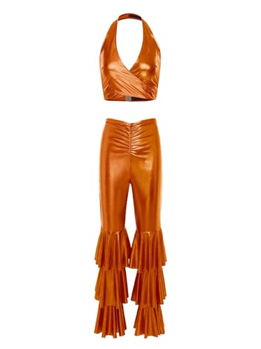 inhzoy 70er Jahre Damen Disco Kostüm Metallic Crop Top Top Gestufte Schlaghose Set Mottoparty Karneval Clubwear Orange L inhzoy 70er Jahre Damen Disco Kostüm Metallic Crop Top Top Gestufte Schlaghose Set Mottoparty Karneval Clubwear Orange L von inhzoy
