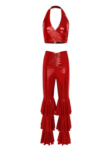 inhzoy 70er Jahre Damen Disco Kostüm Metallic Crop Top Top Gestufte Schlaghose Set Mottoparty Karneval Clubwear Rot M inhzoy 70er Jahre Damen Disco Kostüm Metallic Crop Top Top Gestufte Schlaghose Set Mottoparty Karneval Clubwear Rot M von inhzoy