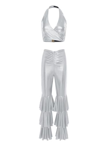 inhzoy 70er Jahre Damen Disco Kostüm Metallic Crop Top Top Gestufte Schlaghose Set Mottoparty Karneval Clubwear Silber M inhzoy 70er Jahre Damen Disco Kostüm Metallic Crop Top Top Gestufte Schlaghose Set Mottoparty Karneval Clubwear Silber M von inhzoy