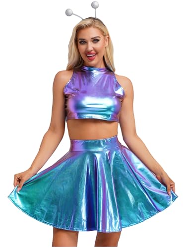 inhzoy Damen Alien Kostüm Glitzer Holografische Festival Rave Outfits Metallic Crop Top Skaterrock Stirnband Set Glänzend Fasching Kostüm Party Clubwear Blau_D L von inhzoy
