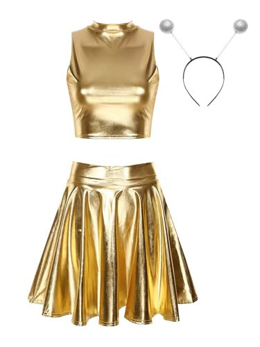 inhzoy Damen Alien Kostüm Glitzer Holografische Festival Rave Outfits Metallic Crop Top Skaterrock Stirnband Set Glänzend Fasching Kostüm Party Clubwear Gold_A L von inhzoy