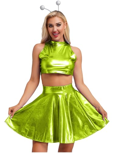 inhzoy Damen Alien Kostüm Glitzer Holografische Festival Rave Outfits Metallic Crop Top Skaterrock Stirnband Set Glänzend Fasching Kostüm Party Clubwear Grün_D M von inhzoy