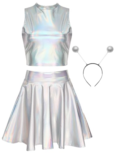 inhzoy Damen Alien Kostüm Glitzer Holografische Festival Rave Outfits Metallic Crop Top Skaterrock Stirnband Set Glänzend Fasching Kostüm Party Clubwear Laser-Silber_A M inhzoy Damen Alien Kostüm Glitzer Holografische Festival Rave Outfits Metallic Crop Top Skaterrock Stirnband Set Glänzend Fasching Kostüm Party Clubwear Laser-Silber_A M von inhzoy