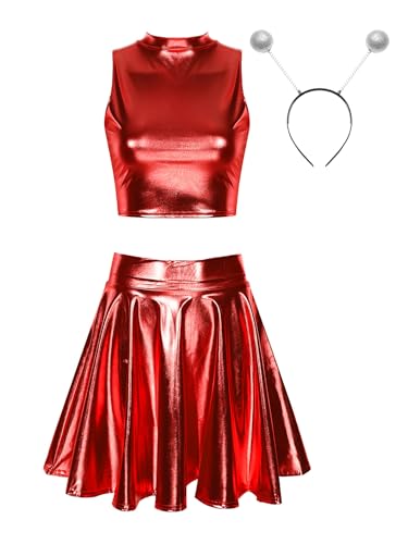 inhzoy Damen Alien Kostüm Glitzer Holografische Festival Rave Outfits Metallic Crop Top Skaterrock Stirnband Set Glänzend Fasching Kostüm Party Clubwear Rot_A L von inhzoy