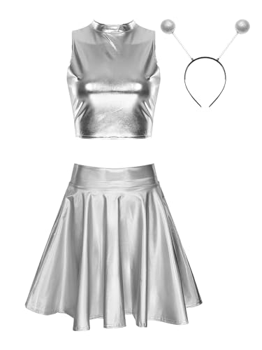 inhzoy Damen Alien Kostüm Glitzer Holografische Festival Rave Outfits Metallic Crop Top Skaterrock Stirnband Set Glänzend Fasching Kostüm Party Clubwear Silber_A XL inhzoy Damen Alien Kostüm Glitzer Holografische Festival Rave Outfits Metallic Crop Top Skaterrock Stirnband Set Glänzend Fasching Kostüm Party Clubwear Silber_A XL von inhzoy