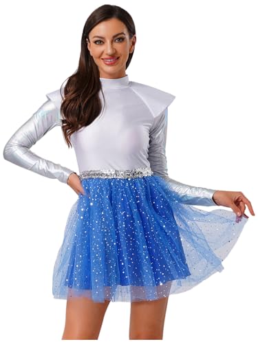 inhzoy Damen Alien Kostüm Space Girl Kleid Glitzer Metallic Tüllkleid Fasching Karneval Kostüm Weltraum Party Tanzkleid Blau XL von inhzoy