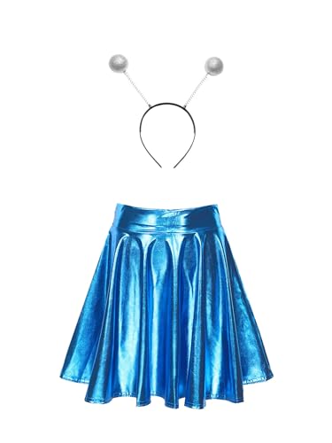 inhzoy Damen Alien Kostüm Space Girl Stirnband Glänzend Metallic Rock Set Weltall Kostüm Karneval Fasching Party Outfits Blau M von inhzoy