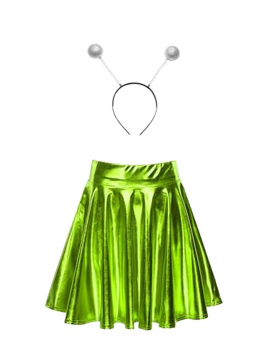 inhzoy Damen Alien Kostüm Space Girl Stirnband Glänzend Metallic Rock Set Weltall Kostüm Karneval Fasching Party Outfits Grün M von inhzoy