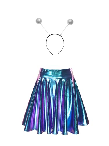 inhzoy Damen Alien Kostüm Space Girl Stirnband Glänzend Metallic Rock Set Weltall Kostüm Karneval Fasching Party Outfits Lase-Blau L von inhzoy