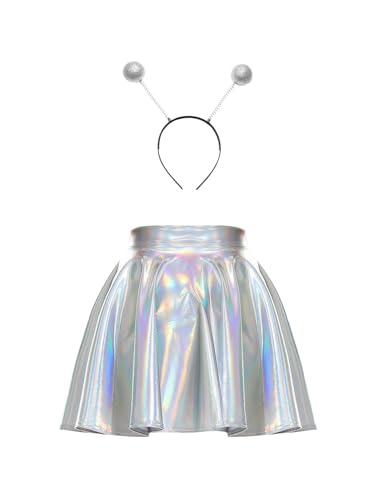 inhzoy Damen Alien Kostüm Space Girl Stirnband Glänzend Metallic Rock Set Weltall Kostüm Karneval Fasching Party Outfits Lase-Silber M von inhzoy