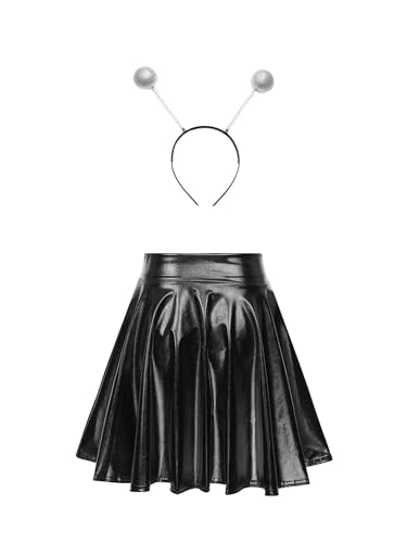 inhzoy Damen Alien Kostüm Space Girl Stirnband Glänzend Metallic Rock Set Weltall Kostüm Karneval Fasching Party Outfits Schwarz L von inhzoy
