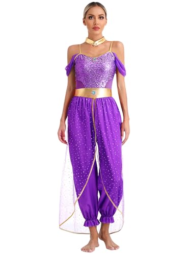 inhzoy Damen Arabische Prinzessin Kostüm Märchen Araberin Orientalische Kleidung Cosplay Outfit Fasching Halloween Party Bühnenauftritt Kostüm Violett 4XL von inhzoy