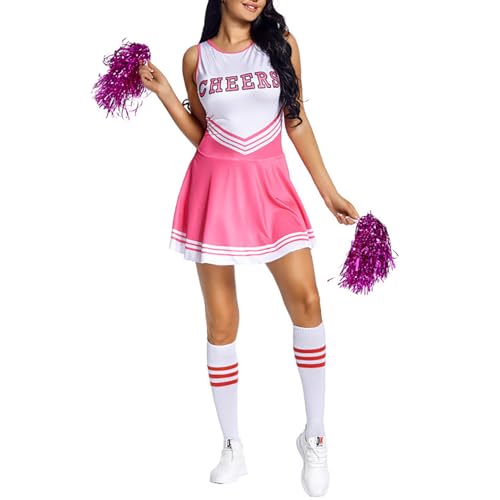 inhzoy Damen Cheerleading Kostüm Sexy Cheer Leader Uniform Pompoms Kleid Socken Halloween Karneval Kostüm Party Tanzkleidung Rosa_A L von inhzoy